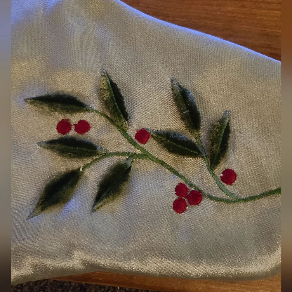 Christmas Stocking Satin And Velvet‎ With Embroidered Holly And Berries